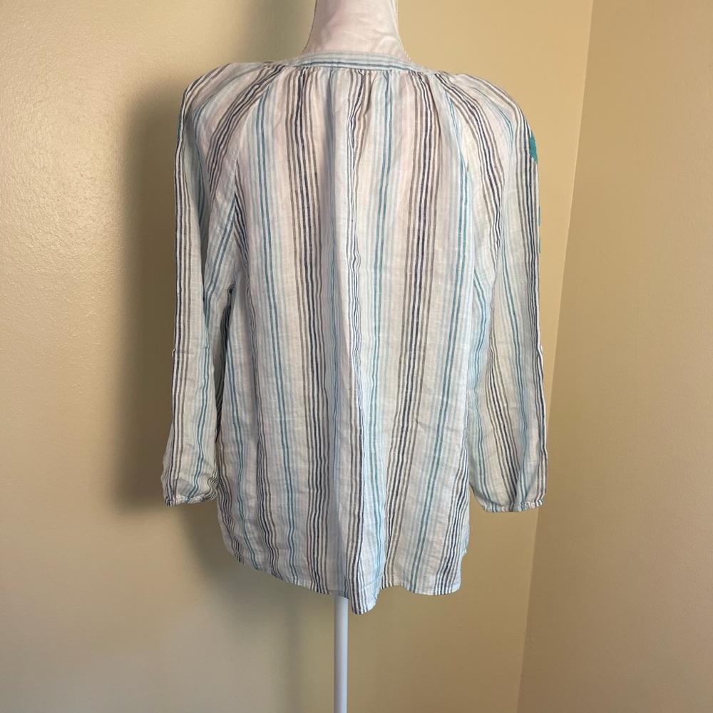 J Jill Love Linen Top L Petit Blue Stripe Embroidery Peasant Blouse Coastal Boho - Picture 11 of 14